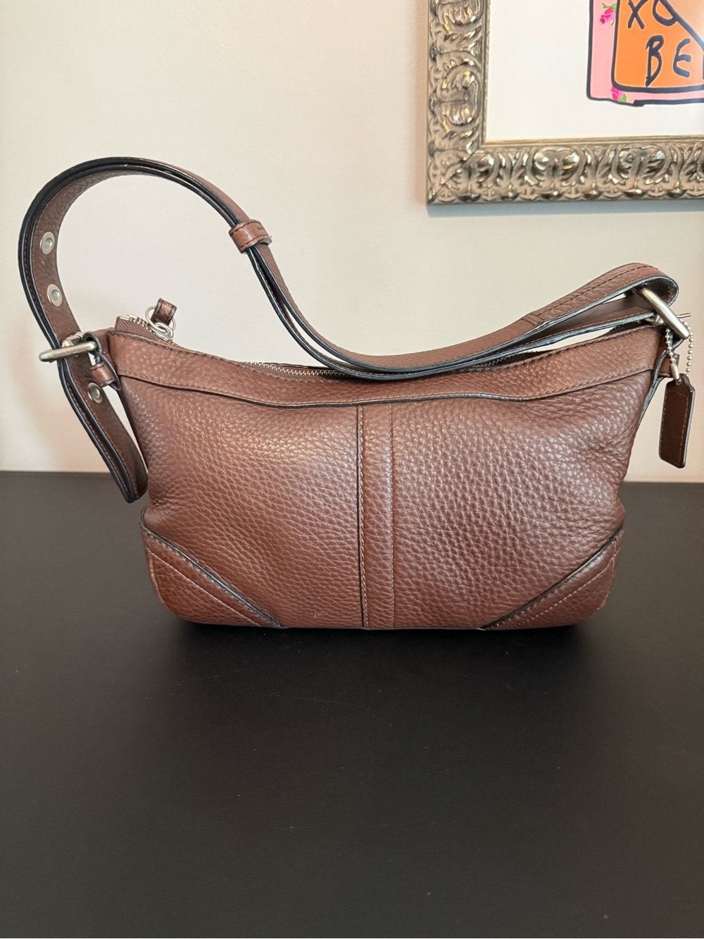 Coach Brown Pebbled Leather Baguette Crossbody with Rose Interior